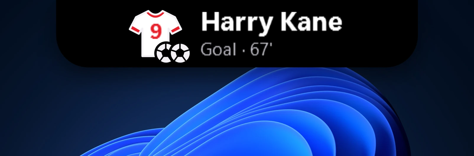 A WinNotch goal card hanging from the top of the screen: an England shirt with the number 9, two footballs, and the name Harry Kane over Goal, 67 minutes