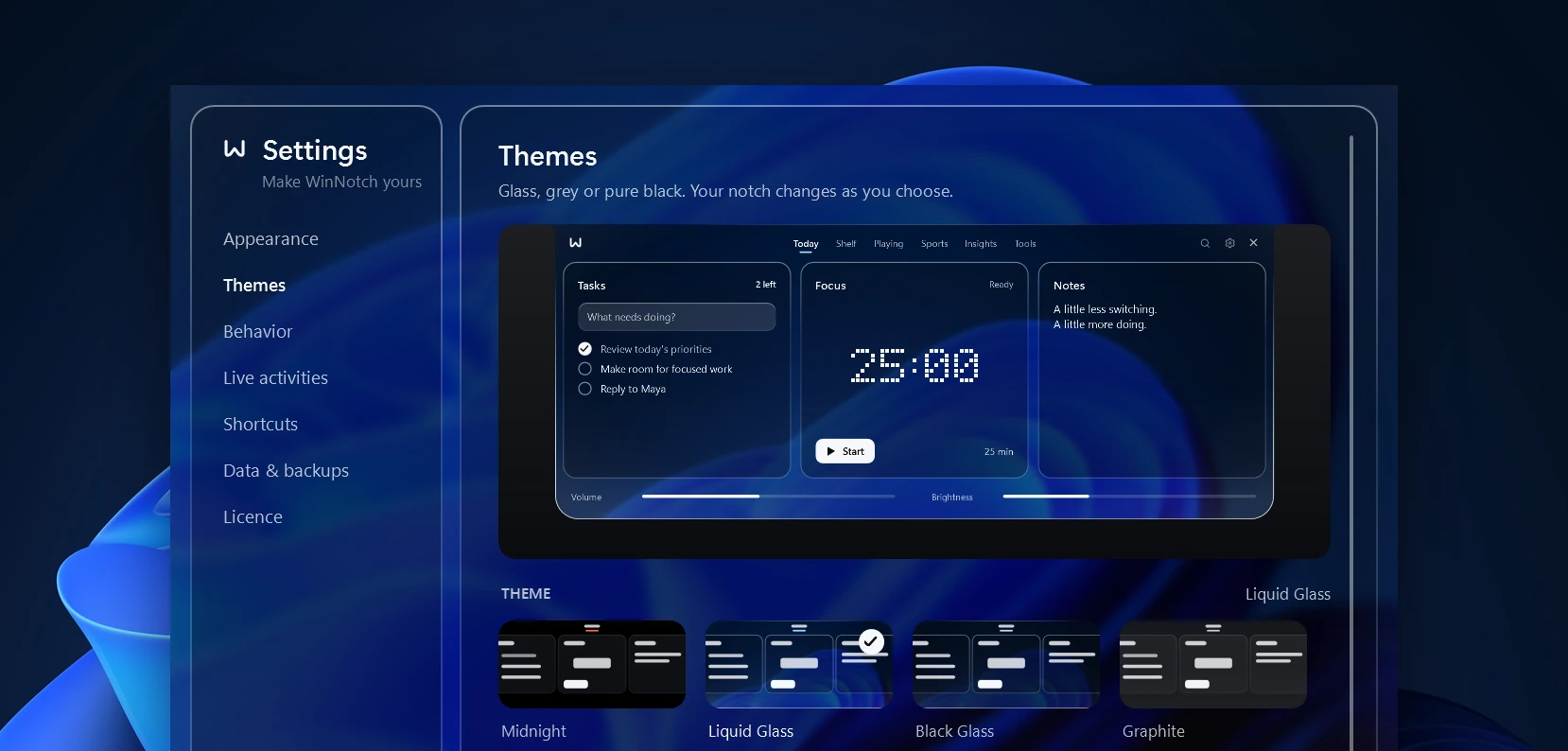 The Themes page in WinNotch Settings, in Liquid Glass, with a live preview of the open notch above the four themes