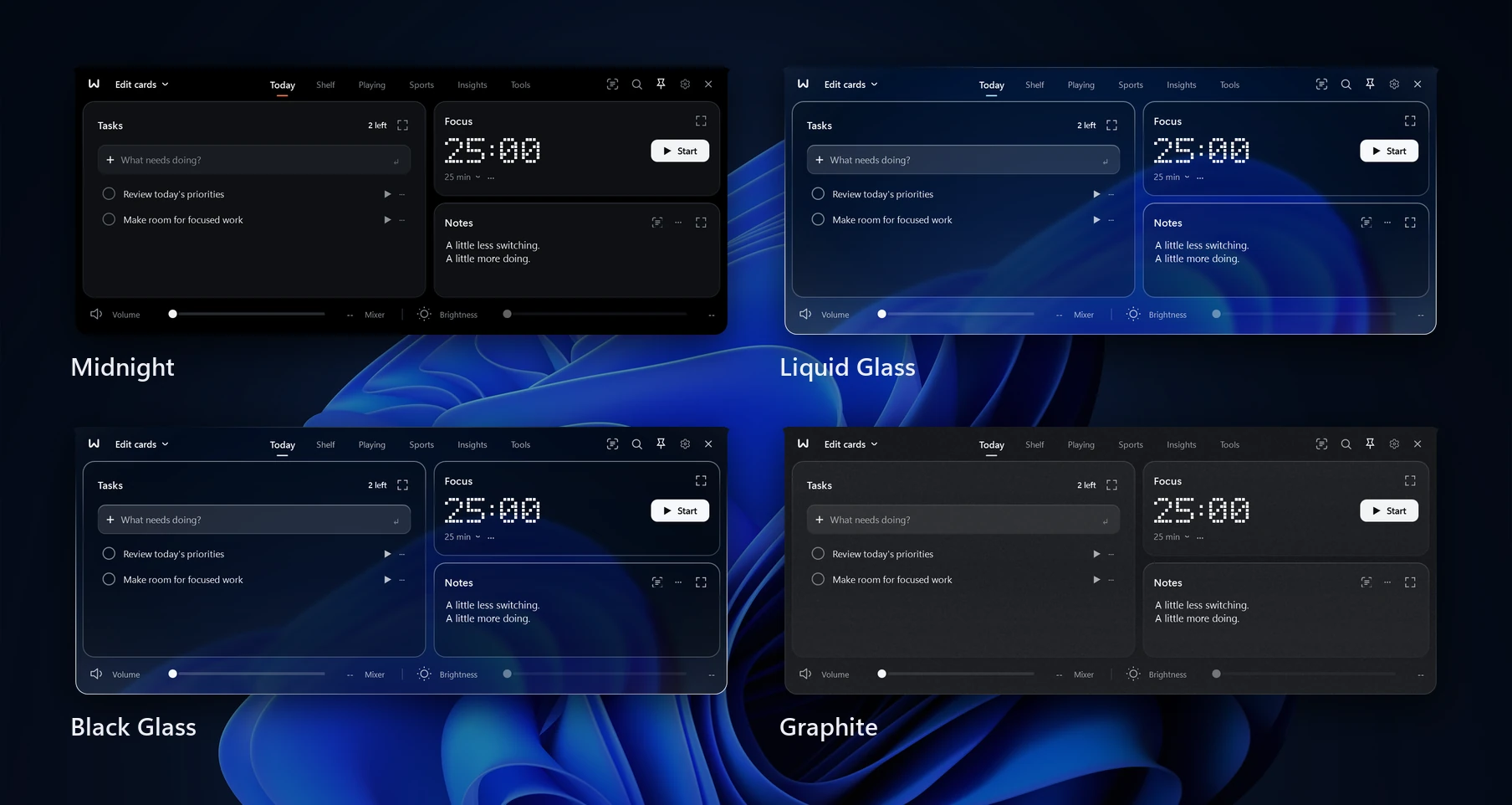 The four WinNotch themes side by side: Midnight, Liquid Glass, Black Glass and Graphite